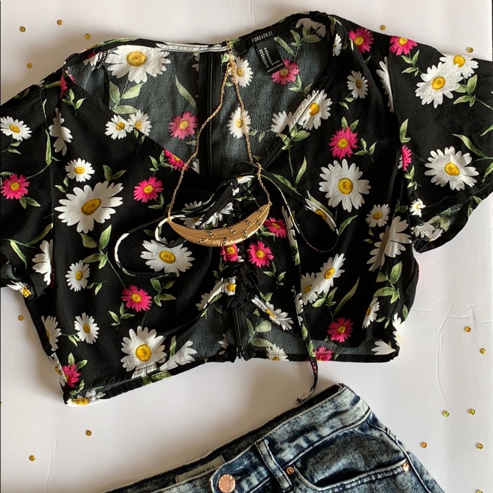 Black Floral Drawstring Crop Top